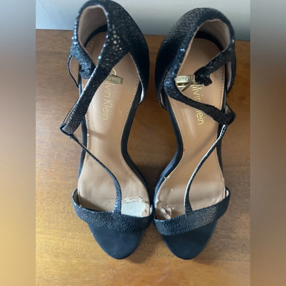 7.5 Calvin Klein Open Toe Elegant Black Strappy Heels